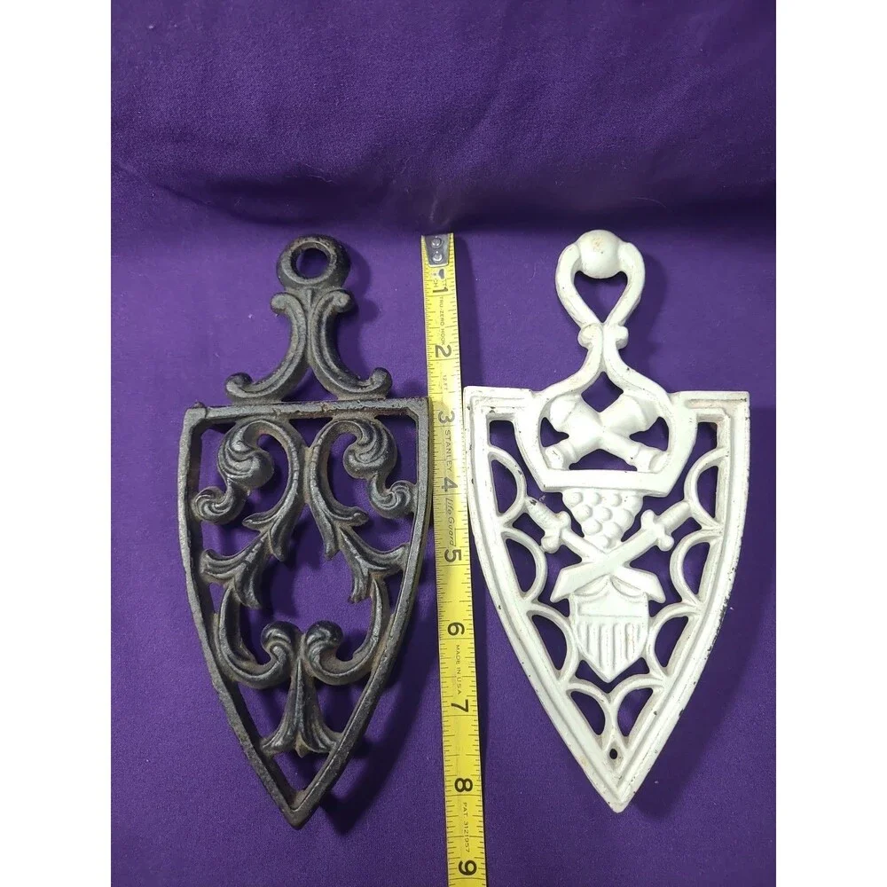 2 Vintage Cast Iron Trivet Cathedral Shabby Painted White & Black